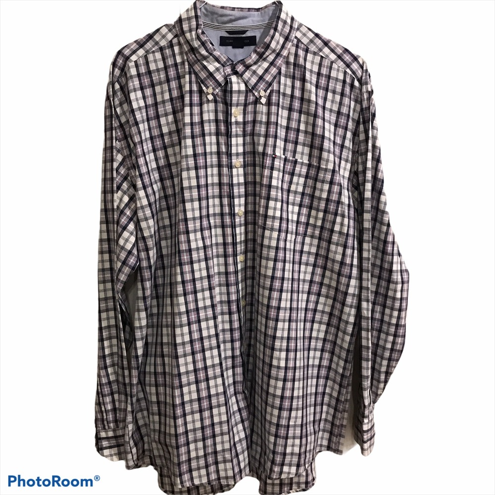 Tommy Hilfiger Button Down Shirt XXL White Plaid Excellent Long Sleeve Pocket